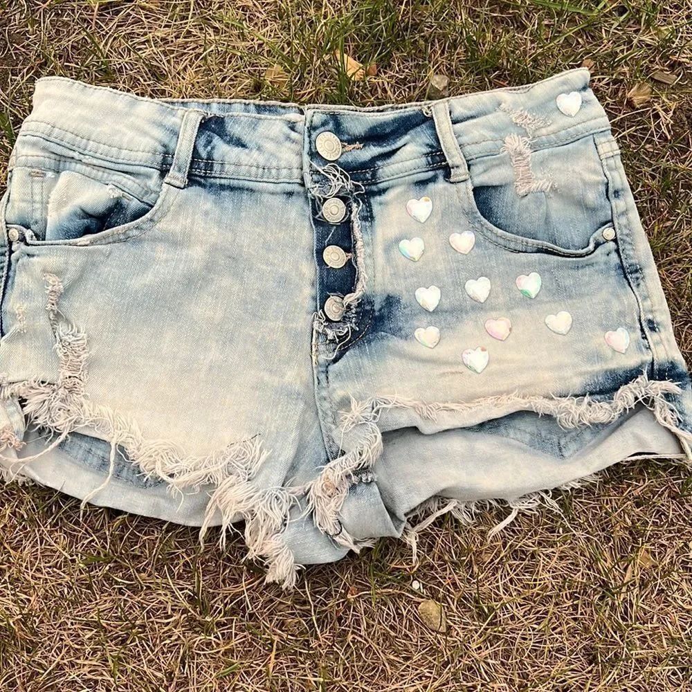 Size 7 Light wash Custom Distressed Heart Denim Shorts